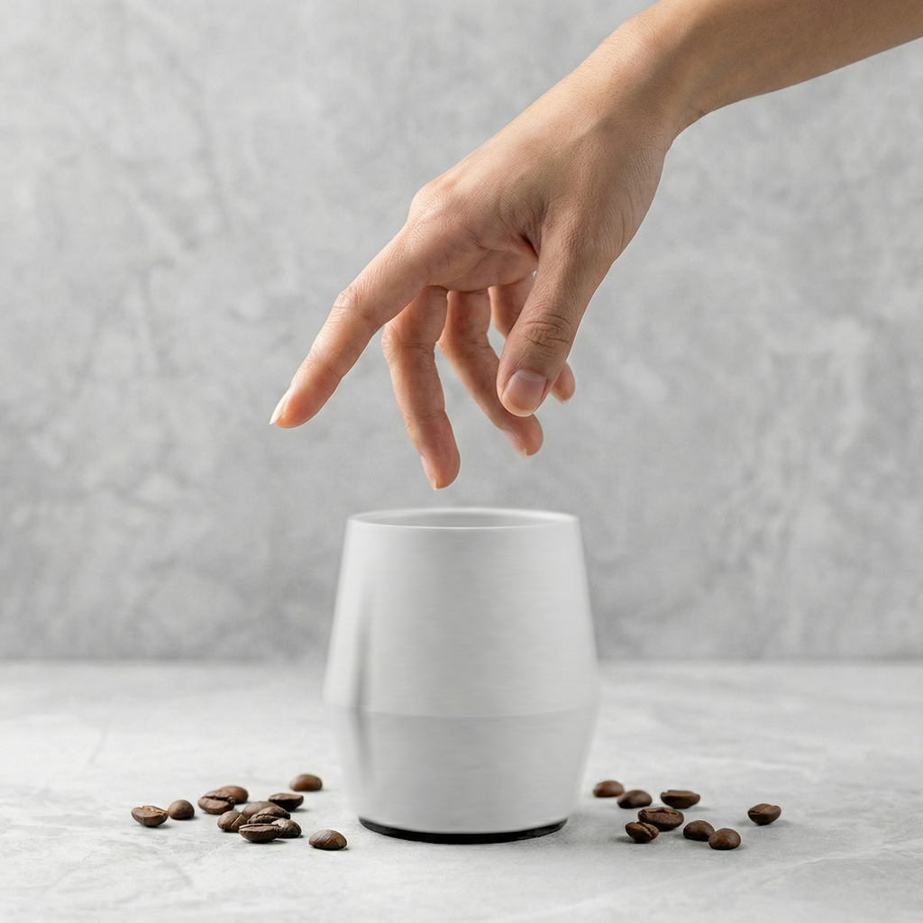 KRUG Kaffeetasse Kaffeebecher kreide-weiß mit Hand und Drehung