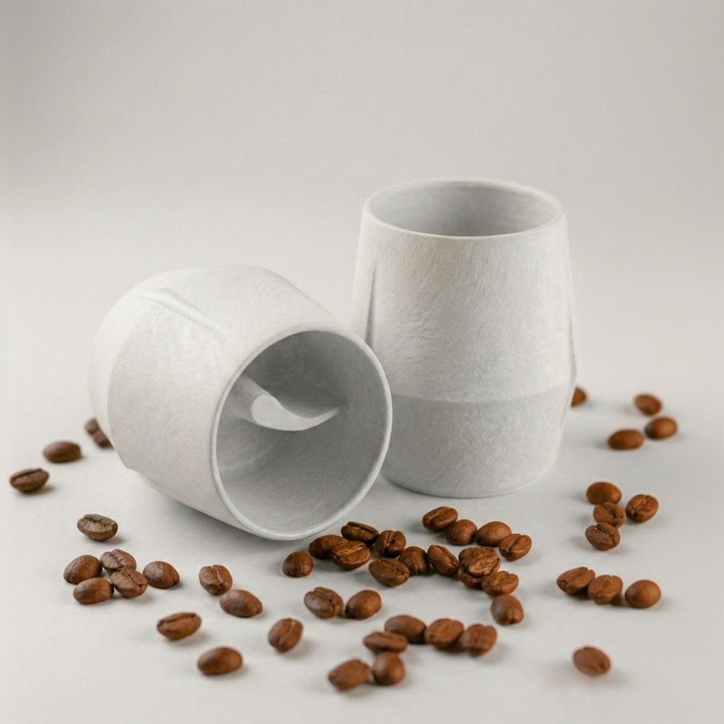 KRUG Kaffeetasse Kaffeebecher kreide-weiß zwei Tassen und Kaffeebohnen