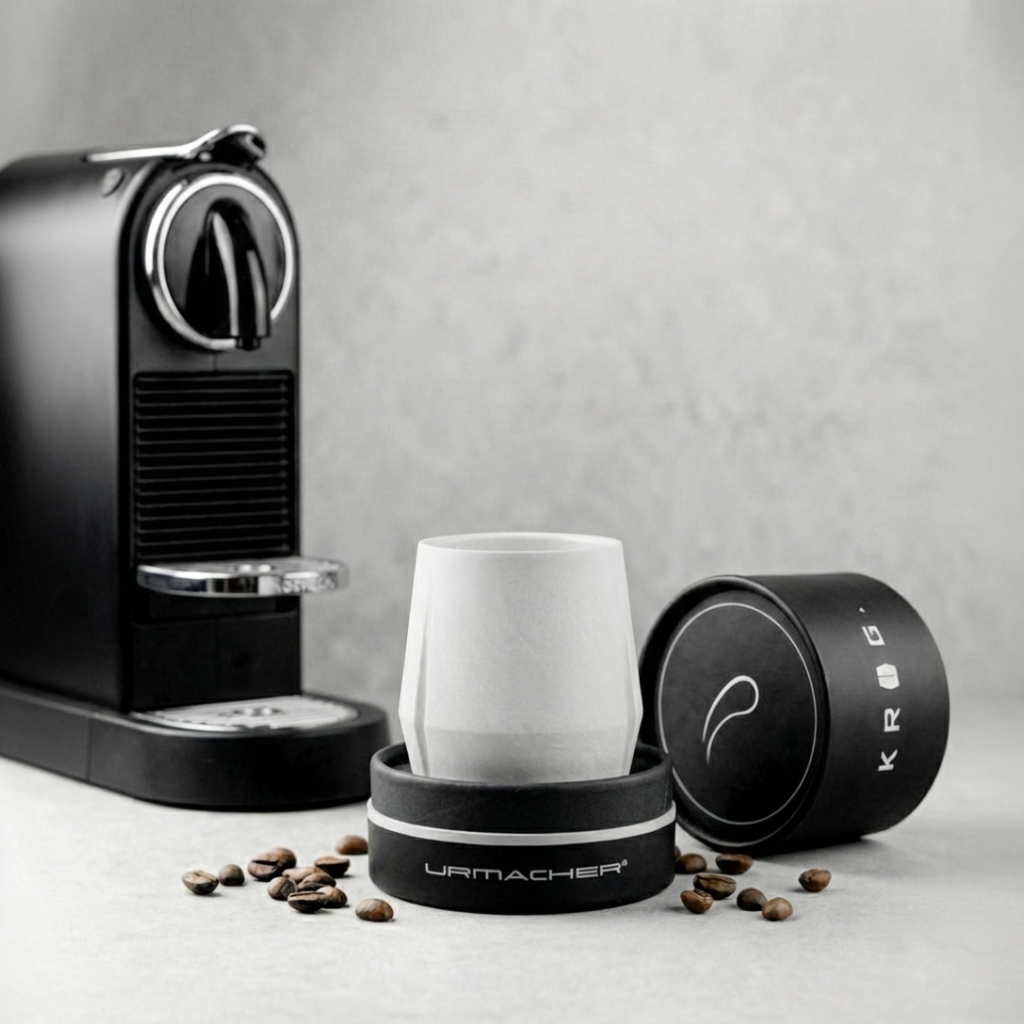 KRUG Kaffeetasse Kaffeebecher skreide-weiß mit Kaffeemaschine und Verpackung