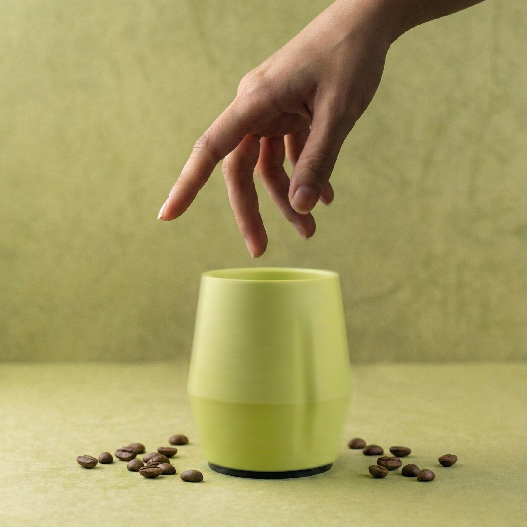 KRUG Kaffeetasse Kaffeebecher olivin-grün mit Hand und Drehung