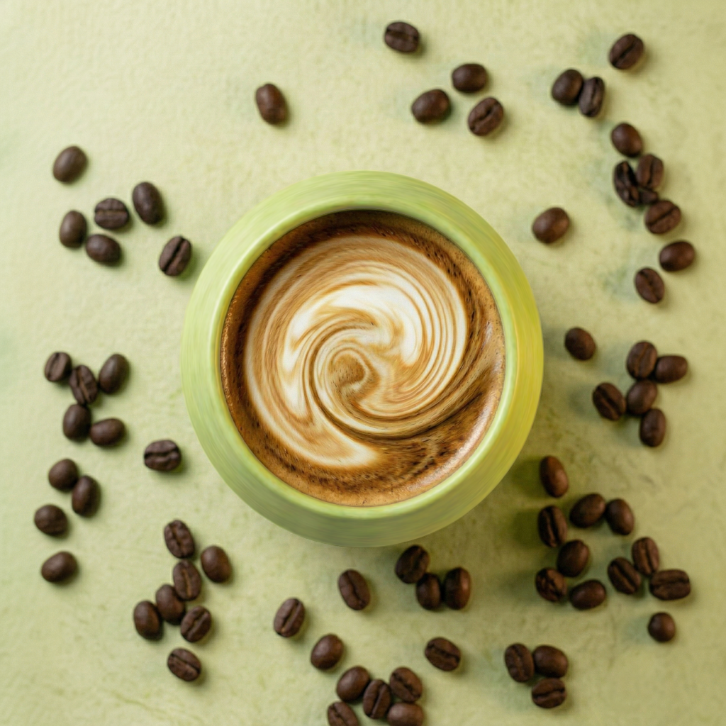 KRUG Kaffeetasse Kaffeebecher olivin-grün mit Cappuccino von oben