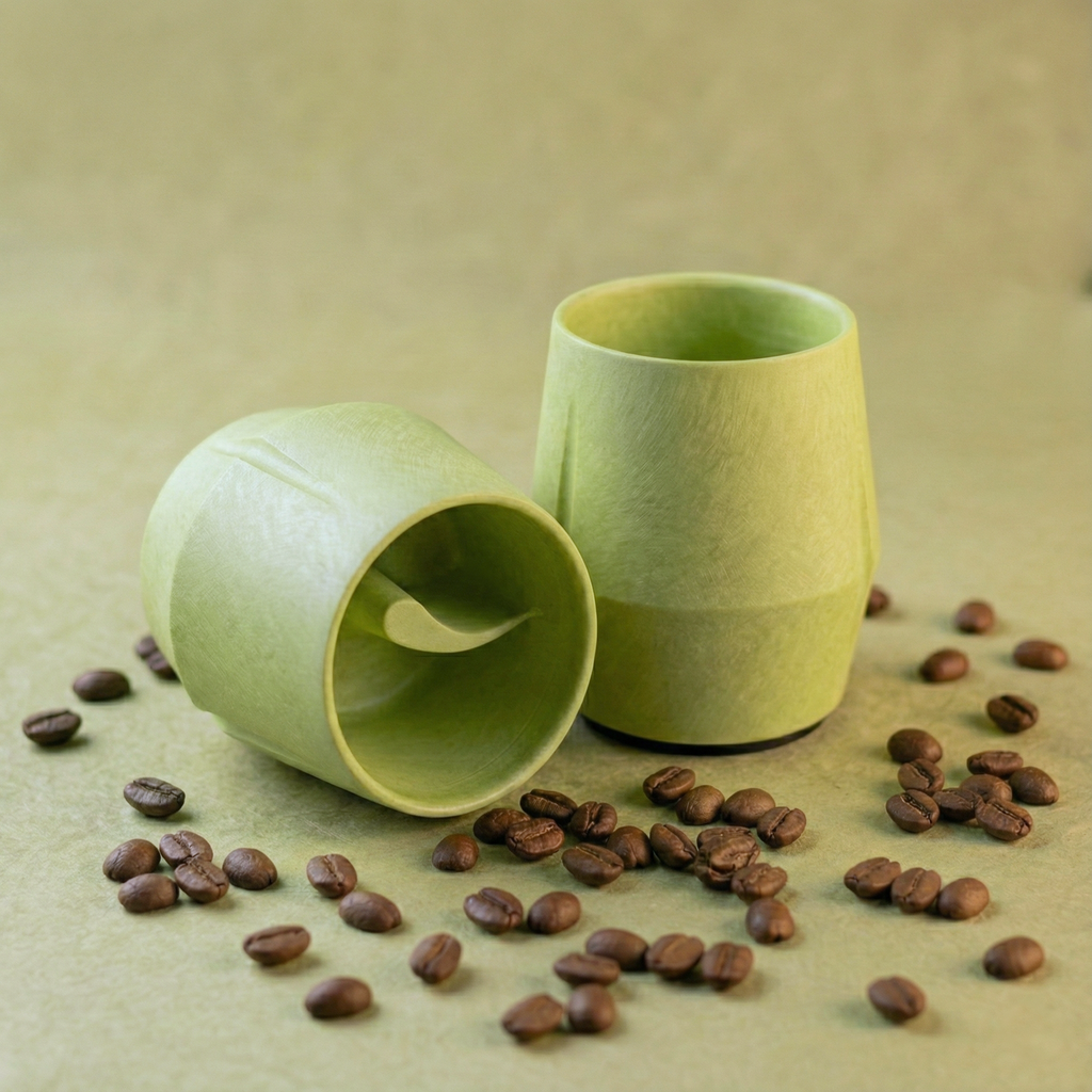 KRUG Kaffeetasse Kaffeebecher olivin-grün zwei Tassen und Kaffeebohnen