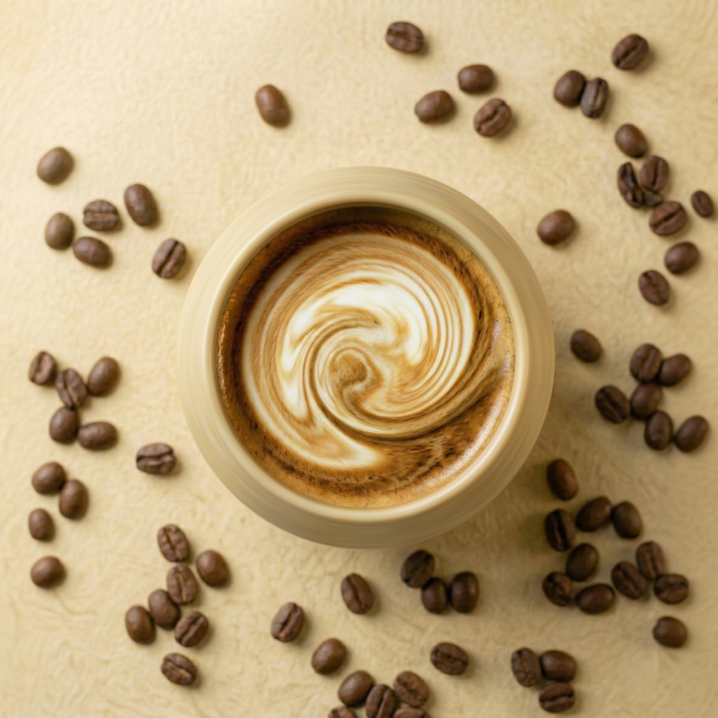 KRUG Kaffeetasse Kaffeebecher sandstein-braun mit Cappuccino von oben