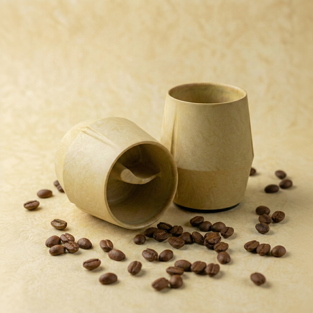 KRUG Kaffeetasse Kaffeebecher sandstein-braun zwei Tassen und Kaffeebohnen