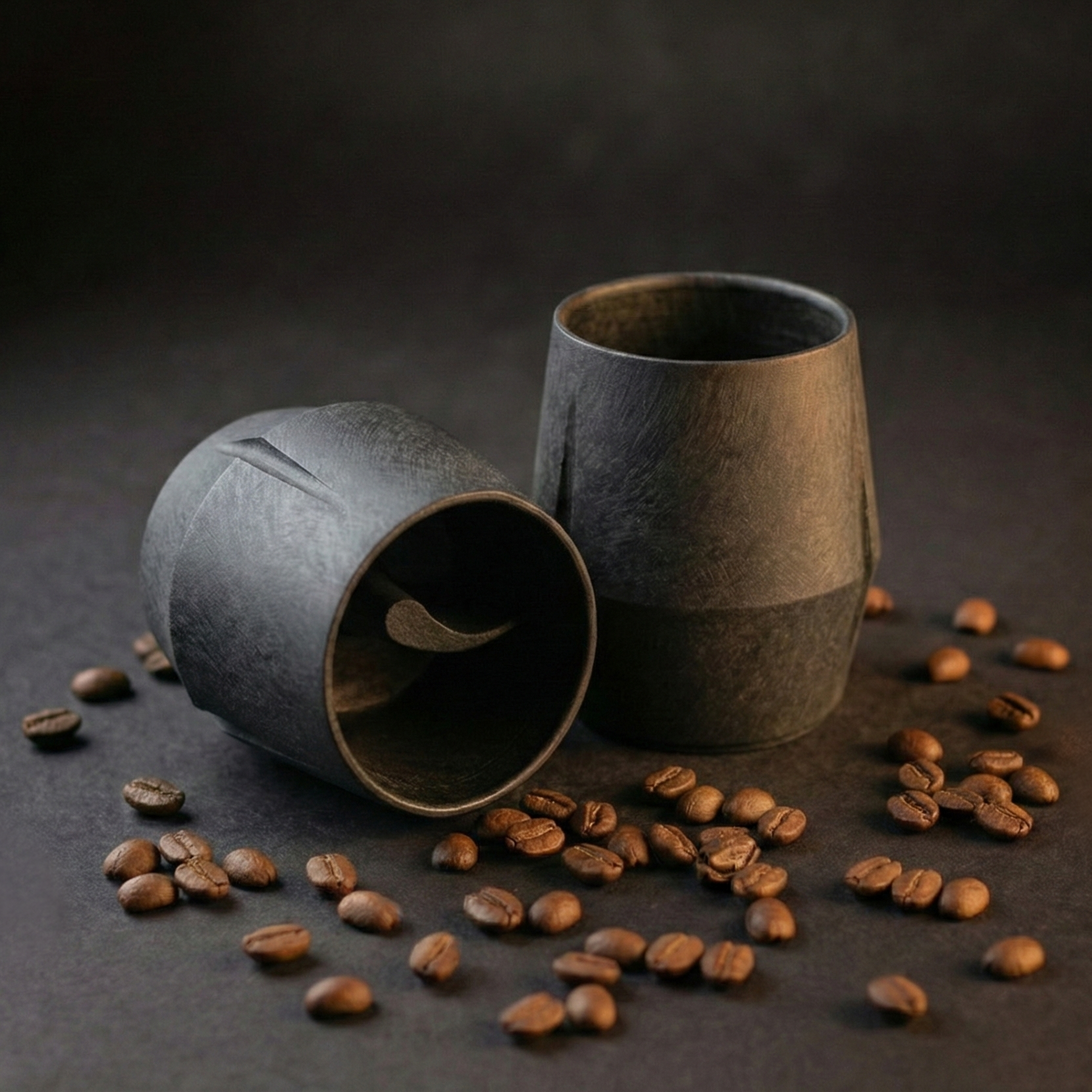 KRUG Kaffeetasse Kaffeebecher schiefer-schwarz zwei Tassen und Kaffeebohnen